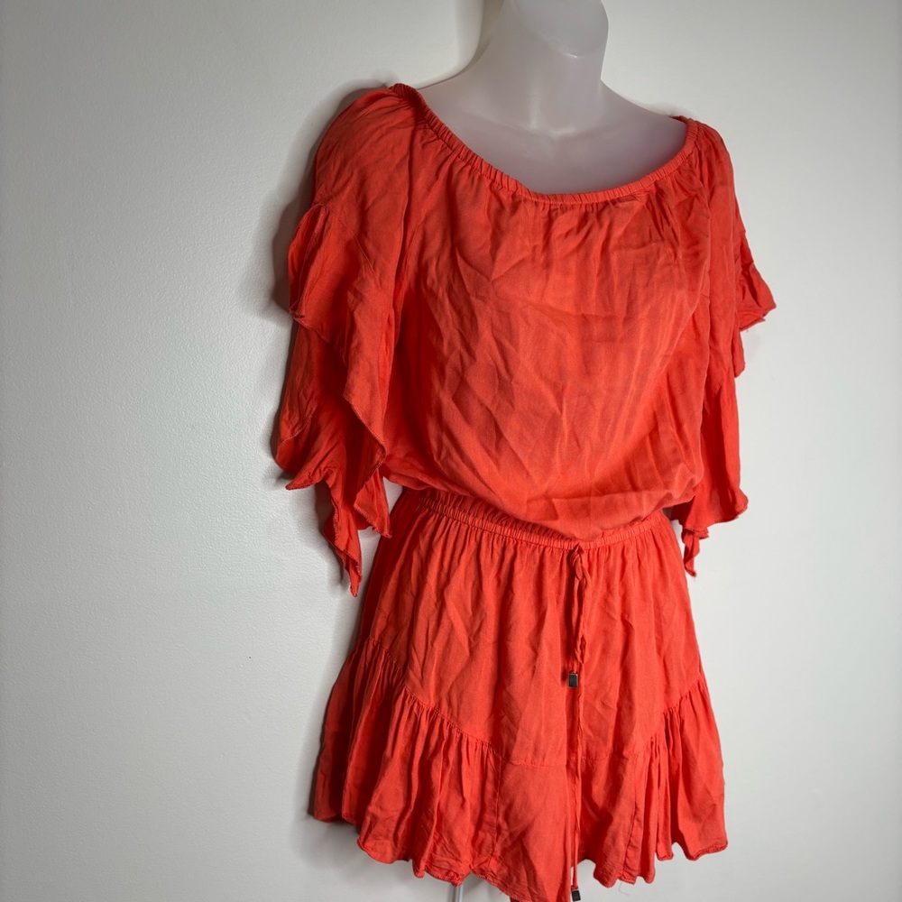 VENUS Y2K 2000s orange drawstring romper swimsuit coverup small ruffle sleeve - Picture 9 of 9